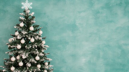 Wall Mural - snowy christmas tree with white ornaments against teal wall.