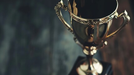 Poster - Capture the essence of victory with a close-up of a gleaming trophy against a dark background, Trophy scene, Dramatic style