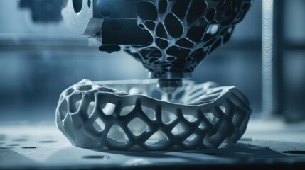 Poster - Capture the spirit of innovation with a close-up of a 3D printer creating a complex object, 3D printing scene, Futuristic style