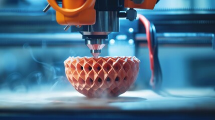 Poster - Capture the spirit of innovation with a close-up of a 3D printer creating a complex object, 3D printing scene, Futuristic style