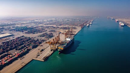 Poster - Aerial View of a Busy Cargo Port with Ships and Cranes