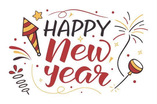 Happy new year typography greeting card, poster, banner with celebration elements. Happy new year wallpaper. vector illustration.