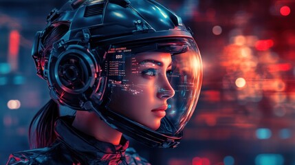 Poster - A futuristic astronaut with a high-tech helmet, gazing into a digital environment.