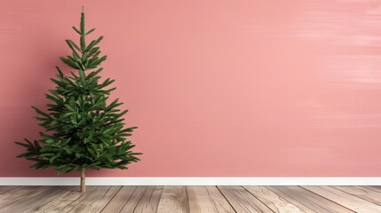 Wall Mural - minimalist christmas tree against a pink wall.