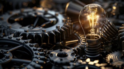Poster - Convey the concept of innovation with a light bulb glowing brightly amidst gears and technology, Light bulb and gears scene, Industrial style