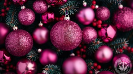 Wall Mural - close-up of a decorated christmas tree with magenta ornaments and berries.