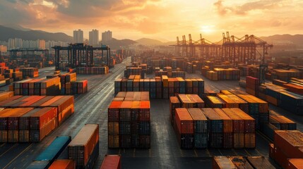 Poster - Container Cargo Terminal at Sunset with City Skyline and Mountains