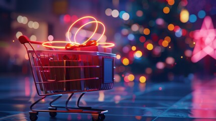 Poster - Gift box being placed into a shopping cart, with a glowing halo around it, symbolizing the convenience of modern consumerism