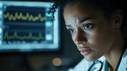Poster - Close-up Portrait of a Concerned Female Doctor Looking at a Medical Monitor