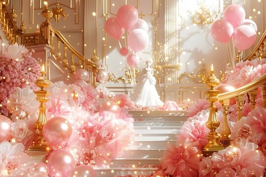 Gold podium with balloons and gifts marks special events.