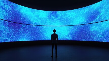 Poster - A person stands in front of a mesmerizing, curved digital display filled with vibrant blue lights, creating an immersive experience.