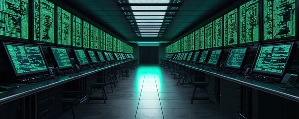 Poster - A futuristic control room filled with glowing screens, creating a high-tech ambiance, ideal for monitoring and data analysis.
