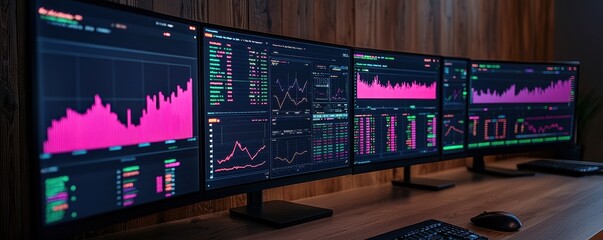 Poster - A multi-screen setup displaying colorful graphs and data analytics, showcasing financial trends and statistics.