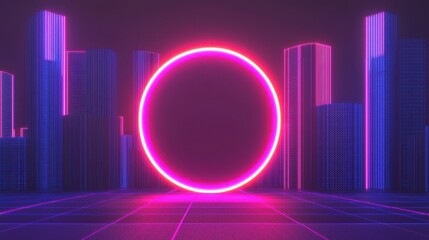 Poster - A vibrant neon circle stands against a futuristic cityscape, illuminated in pink and blue hues, creating a striking contrast and a sense of depth.