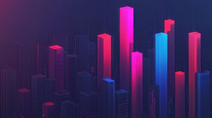 Poster - A vibrant, abstract representation of towering bars in pink, blue, and purple tones, symbolizing data visualization or urban landscapes.