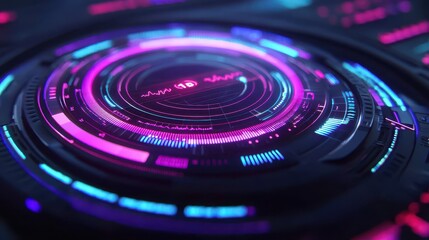 Poster - A vibrant digital abstract design featuring circular patterns in neon colors, evoking a futuristic and technological aesthetic.