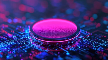 Poster - A vibrant, futuristic depiction of a digital circuit board with a glowing pink central element, suggesting advanced technology and innovation.