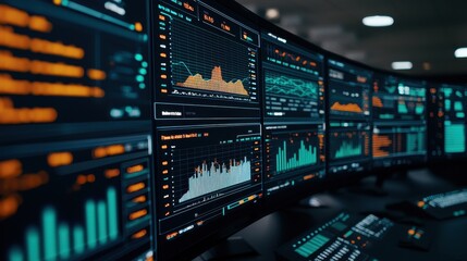 Poster - A high-tech workspace featuring multiple monitors displaying various data analytics, graphs, and digital information in vibrant colors.