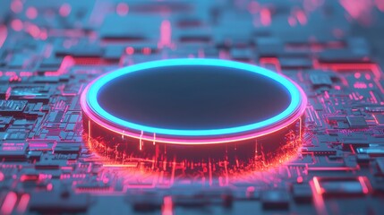 Poster - A vibrant, futuristic digital landscape featuring a glowing circular element amidst a complex circuit board design, highlighting technology and innovation.