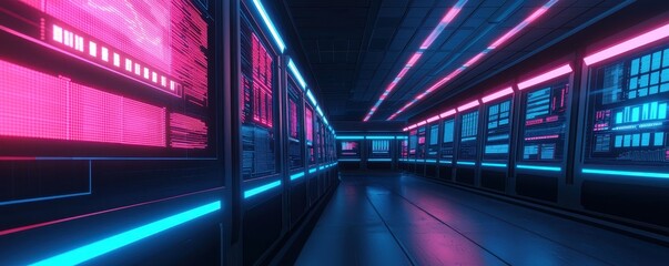 Poster - A futuristic data center with glowing neon lights in pink and blue, showcasing technology and digital elements in a sleek environment.