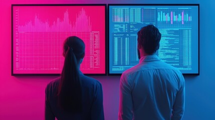 Poster - A woman and a man analyze data on vibrant, illuminated screens displaying colorful graphs and charts in a modern setting.