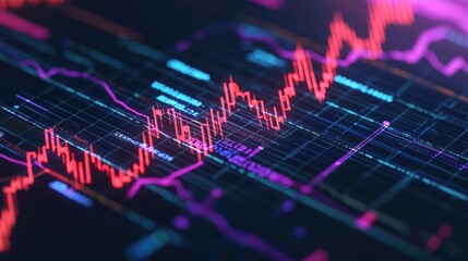Poster - A vibrant digital financial graph showcasing fluctuating trends in neon colors, representing data analysis and market movements.