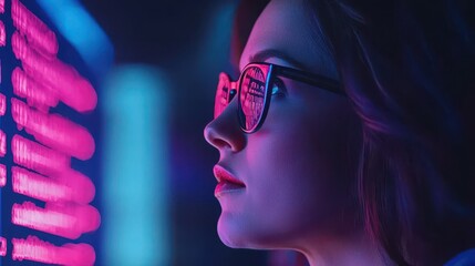 Poster - A close-up of a woman wearing glasses, gazing intently at colorful digital displays, showcasing a high-tech and futuristic atmosphere.