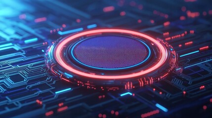 Poster - A futuristic digital circuit design featuring a glowing circular interface with vibrant colors, emphasizing technology and innovation.