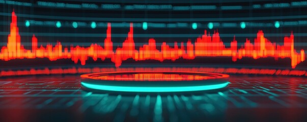 Poster - A vibrant, digital sound wave display with red and cyan elements, showcasing audio frequencies on a futuristic interface.