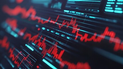Poster - A close-up view of digital data visualization, featuring vibrant red wave patterns on a dark background, representing fluctuating metrics or signals.