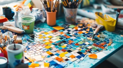 Poster - A bright and cozy corner with a detailed setup for mosaic making, including colorful tiles, adhesives