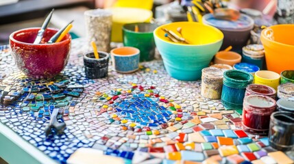 Poster - A bright and cozy corner with a detailed setup for mosaic making, including colorful tiles, adhesives