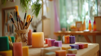 Poster - A bright room with a detailed setup for candle carving, featuring various carving tools and colorful wax blocks, An inviting indoor space dedicated to the art of candle carving