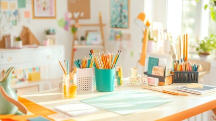 Poster - A bright room with detailed scrapbooking materials and tools laid out, An inviting space filled with supplies for creating scrapbooks, Creative memory craft style