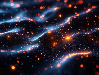 Poster - Exploring digital wavelike structures in deep blues and fiery oranges a visual journey through abstract art in a virtual environment