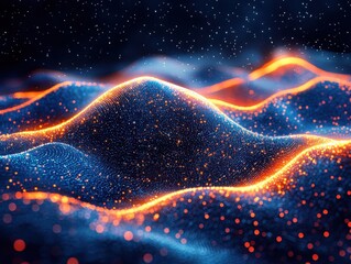 Poster - Exploring digital wavelike structures a journey through deep blues and fiery oranges in abstract art virtual space digital visualization modern aesthetics conceptual design