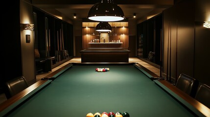 Poster - A calm billiard room with perfectly aligned pool cues and balls, A dimly lit space with a smooth, polished table