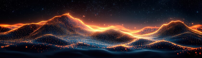 Poster - Flowing digital landscape with illuminated particles virtual realm visual art abstract environment aerial view technological concept