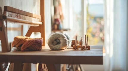 Aufkleber - A calm weaving loom setup with yarns and shuttles neatly arranged, A quiet room with soft ambient light and clean work surfaces, Minimalist craft style