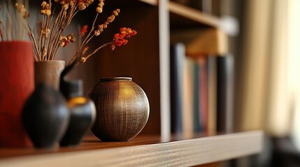 Poster - A Golden Vase and Dried Flowers on a Shelf