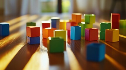 Poster - A colorful block-building scene on a clean wooden table, Vibrant blocks arranged in creative structures, Contemporary artistic style