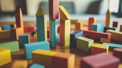 Poster - A colorful block-building scene on a clean wooden table, Vibrant blocks arranged in creative structures, Contemporary artistic style