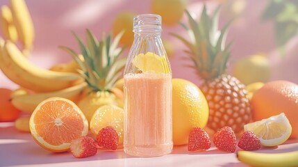 Poster - A Glass Bottle of Smoothie Surrounded by Tropical Fruits