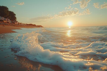 Poster - Gentle waves lapping at shoreline ocean beach minimalist scene serene environment coastal viewpoint tranquil concept for relaxation and meditation