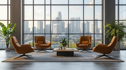 Poster - Transform your work experience modern coworking space with stylish desk arrangements in urban environment for enhanced productivity