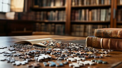 Aufkleber - A comprehensive puzzle-solving setup in a quiet library, Puzzle pieces and a partially completed puzzle neatly arranged on a table, Minimalist intellectual style