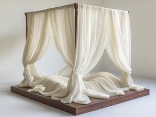 Poster - Creating a serene showcase with a wooden base and diaphanous fabric in a minimalist space for tranquil living
