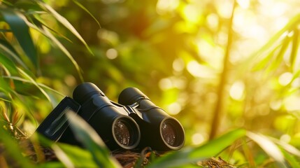 Poster - A cozy birdwatching session in a secluded forest hideout, Binoculars and field guides set for bird observation, Wildlife discovery style