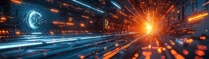 Poster - Innovative technological experience futuristic space digital artwork high-tech environment dynamic perspective sleek blue composition