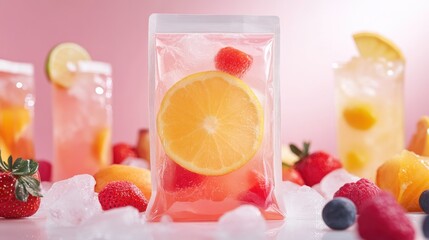 Poster - Fruit-Infused Pink Drink in a Pouch with Ice and Other Drinks in the Background
